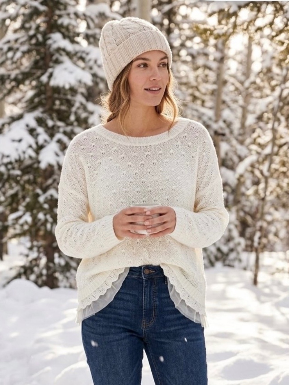 Open Knit Lace Trim Sweater Ivory Cream Tunic L Mixed Media Fairycore Coquette